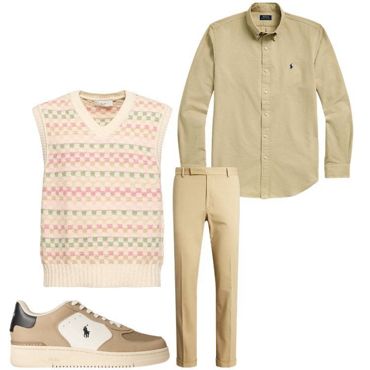 Outfit uomo - Beige. Stile Business/Elegante per Ufficio. Abbinamento con pantaloni chino, camicie, sneakers, gilet.
