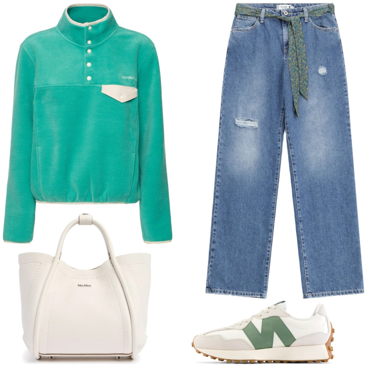Outfit donna - Raffinata in jeans. Stile Sporty chic per Tutti i giorni. Abbinamento con sneakers, jeans strappati, felpe, borse a mano.