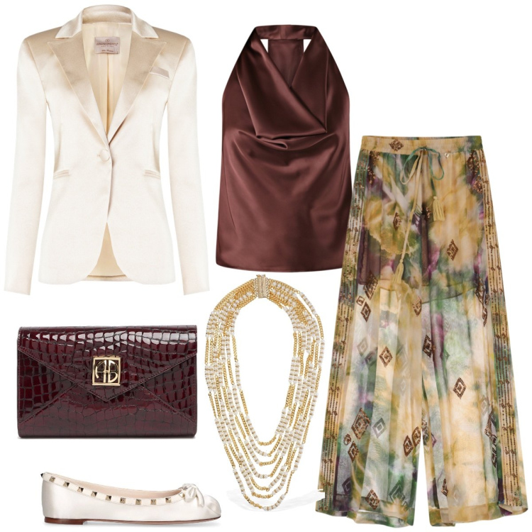Outfit donna - Total look #2097139. Stile Etnico per Cerimonia. Abbinamento con top, blazer, pantaloni a palazzo, pochette, collane, ballerine.