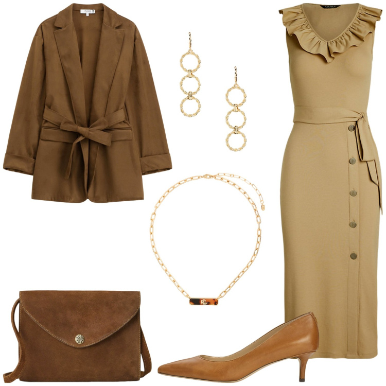 Outfit donna - Abito longuette. Stile Chic per Cerimonia. Abbinamento con blazer, borse a tracolla, décolleté, collane, orecchini, vestiti senza maniche.