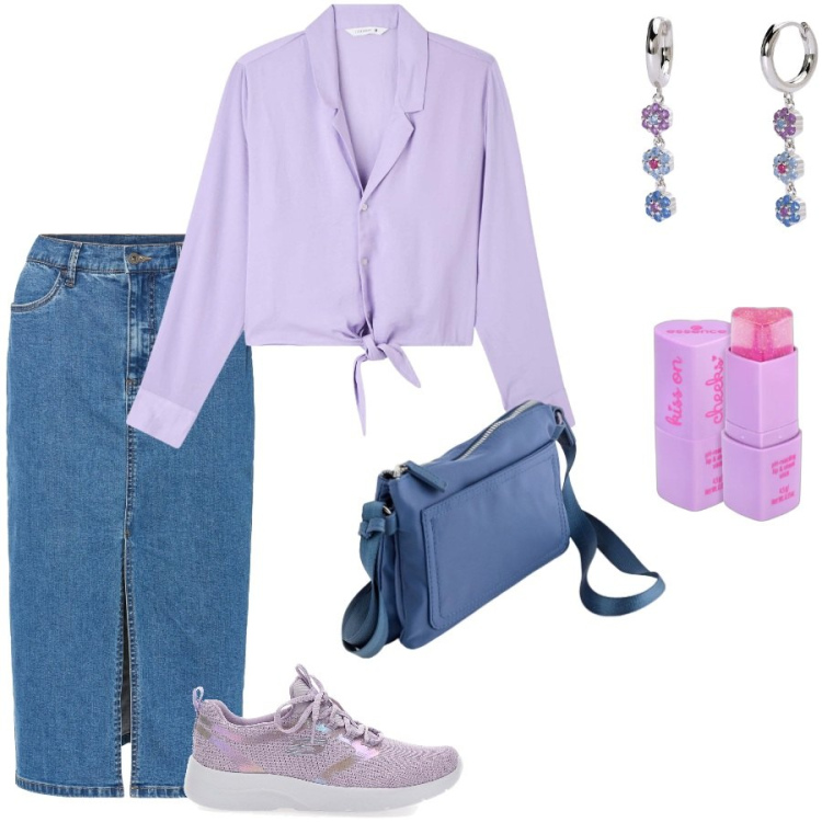 Outfit donna - Free time. Stile Casual per Tutti i giorni. Abbinamento con gonne lunghe, rossetti, camicie, orecchini, sneakers, borse a tracolla.
