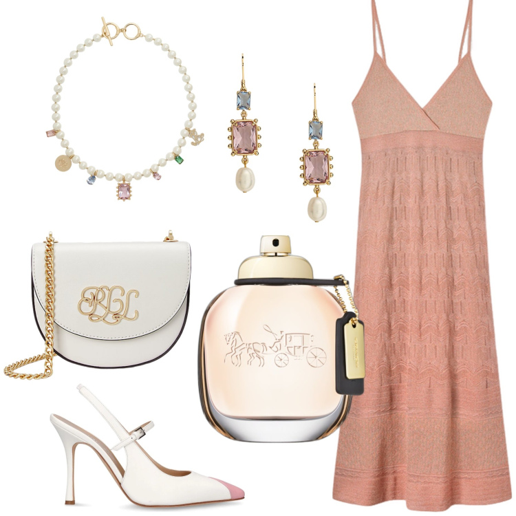 Outfit donna - Coach. Stile Chic per Serata fuori. Abbinamento con profumi, borse a tracolla, orecchini, ciondoli, décolleté, vestiti lunghi.