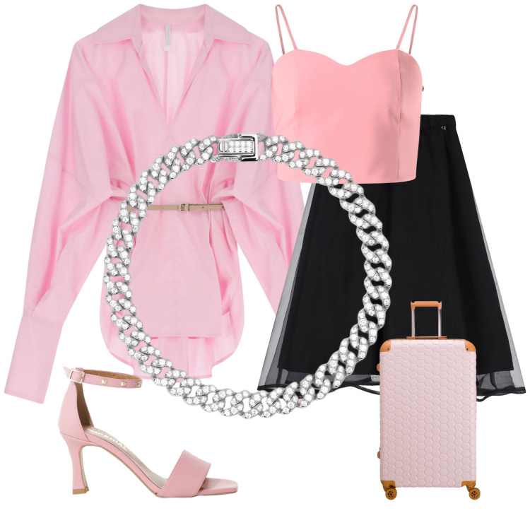 Outfit donna - Petalo di rosa. Stile Chic per Serata fuori. Abbinamento con canottiere, braccialetti, camicie, sandali col tacco, gonne longuette, valigie.