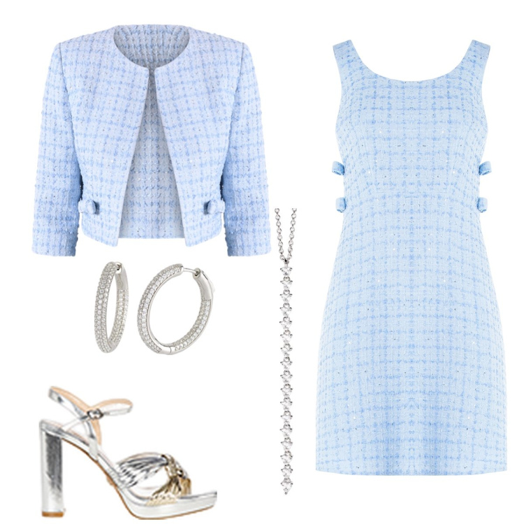 Outfit donna - Total look #2097153. Stile Bon Ton per Cerimonia. Abbinamento con orecchini, ciondoli, vestiti, sandali in pelle, blazer.