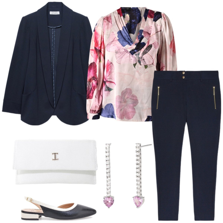 Outfit donna - Total look #2097157. Stile Chic per Serata fuori. Abbinamento con orecchini, bluse, borse a tracolla, ballerine, pantaloni skinny, blazer.
