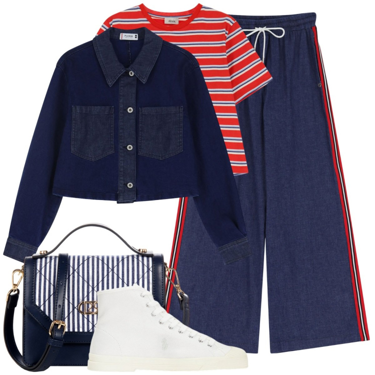 Outfit donna - Rosso in aprile. Stile Casual per Tutti i giorni. Abbinamento con borse a mano, pantaloni a palazzo, blazer, t-shirt, sneakers alte.