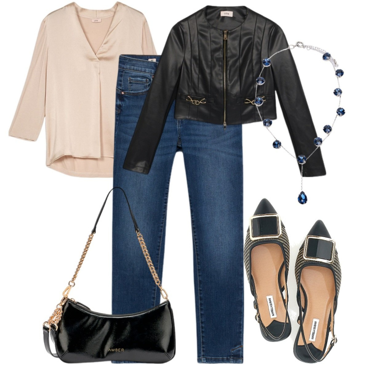 Outfit donna - Ballerine in primavera. Stile Casual chic per Serata fuori. Abbinamento con ballerine, blazer, bluse, jeans skinny, collane, borse a tracolla.