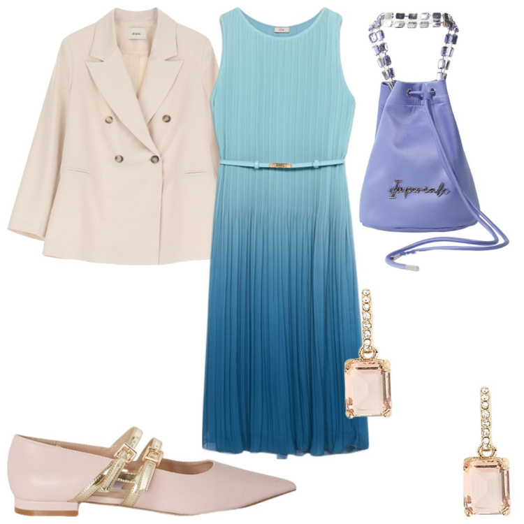 Outfit donna - Ballerine in primavera: chic. Stile Chic per Tutti i giorni. Abbinamento con borse a secchiello, orecchini, blazer, vestiti midi/longuette, ballerine.