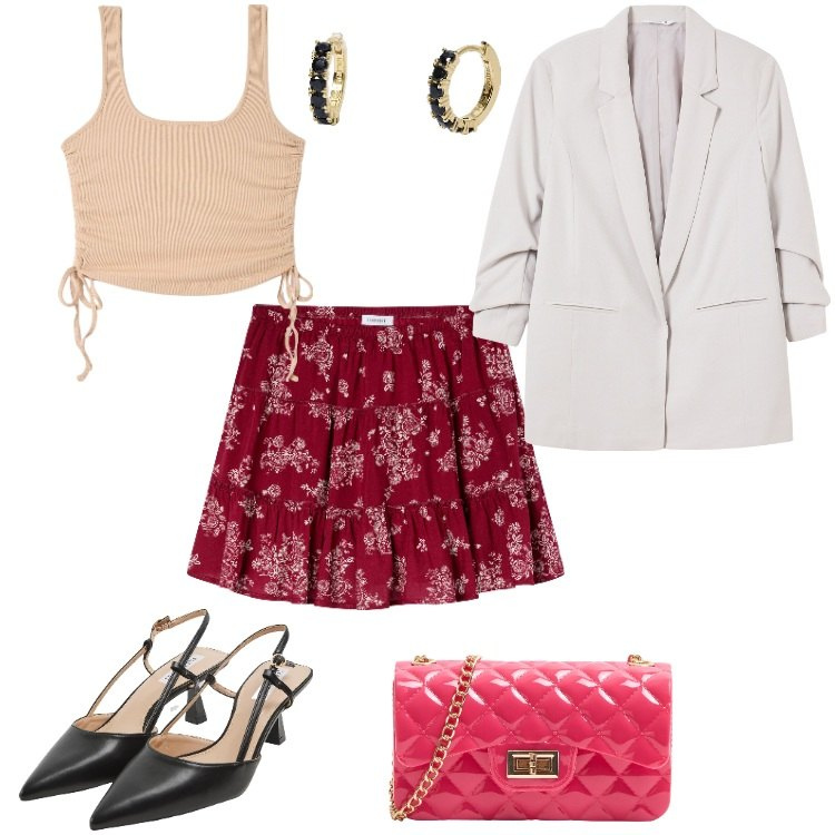 Outfit donna - Minigonna rossa a balze. Stile Trendy per Serata fuori. Abbinamento con minigonne, canottiere, borse a tracolla, blazer, sabot, orecchini.