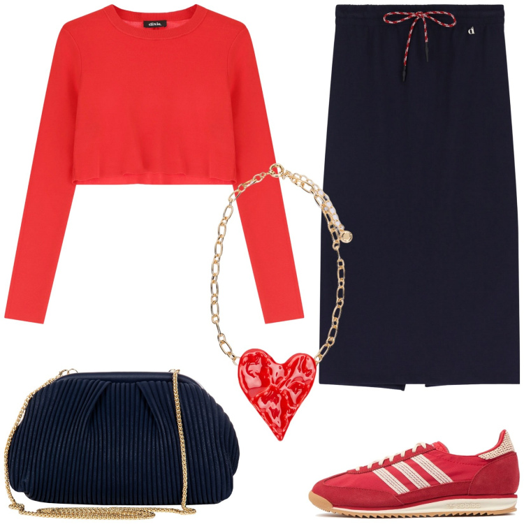 Outfit donna - Cuoricino. Stile Casual chic per Tutti i giorni. Abbinamento con pochette, pullovers, gonne longuette, ciondoli, sneakers.