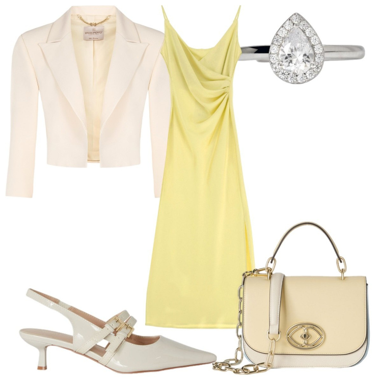 Outfit donna - Giallo burro: glamour. Stile Glamour per Cerimonia. Abbinamento con vestiti midi/longuette, anelli, bolero, décolleté, borse a tracolla.