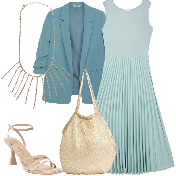 Outfit donna - Mare. Stile Chic per Serata fuori. Abbinamento con vestiti lunghi, borse a tracolla, blazer, sandali col tacco, collane.