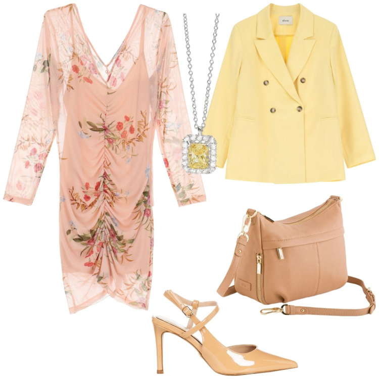 Outfit donna - Stampe floreali rivisitate - curvy. Stile Chic per Cerimonia. Abbinamento con collane, décolleté, vestiti corti, blazer, borse a tracolla.