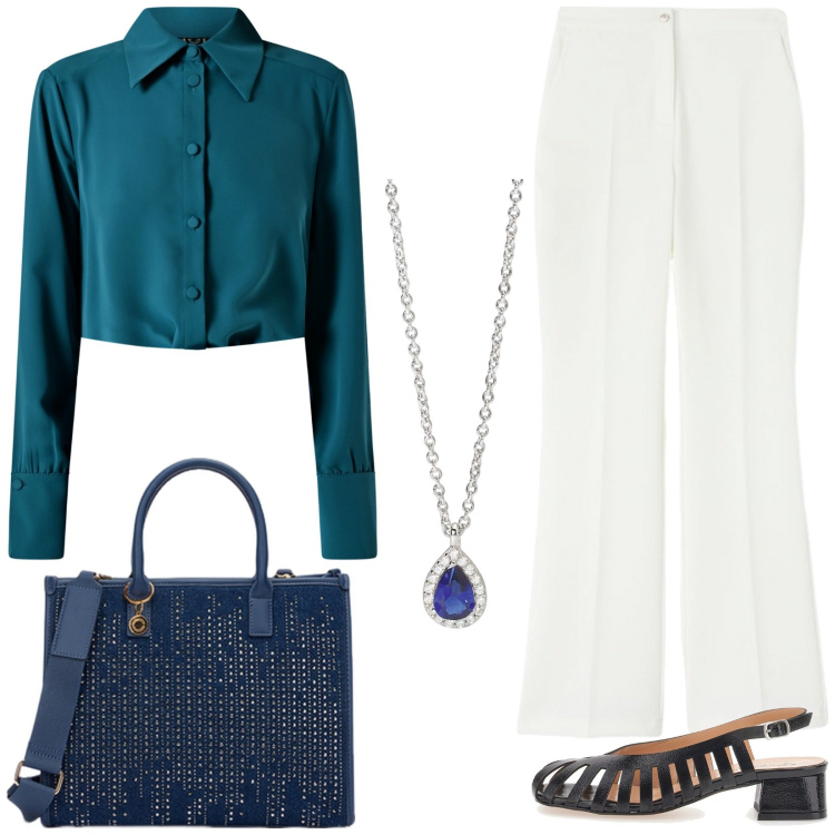 Outfit donna - Sfumature di blu. Stile Casual chic per Tutti i giorni. Abbinamento con collane, camicie, décolleté, borse a mano, pantaloni a palazzo.