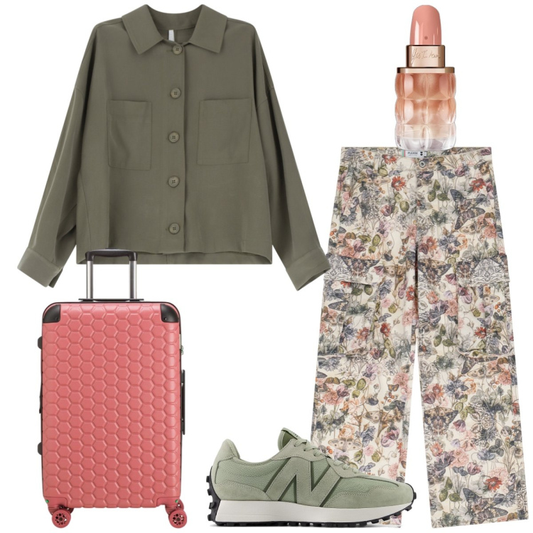 Outfit donna - Total look #2097186. Stile Casual per Tutti i giorni. Abbinamento con profumi, sneakers, pantaloni cargo, camicie, valigie.