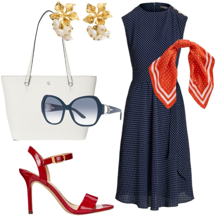 Outfit donna - Stile anni \'50. Stile Vintage retrò per Tutti i giorni. Abbinamento con sandali col tacco, occhiali da sole, borse tote, foulard, vestiti, orecchini.