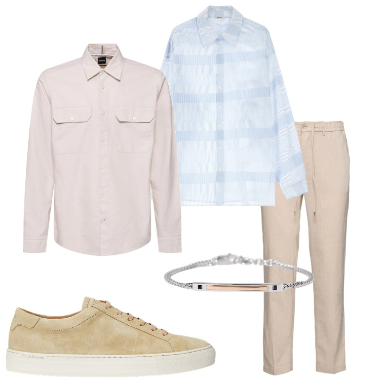 Outfit uomo - Eleganza rilassata. Stile Business/Elegante per Ufficio. Abbinamento con braccialetti, camicie, sneakers, giacche, pantaloni.