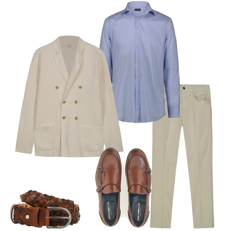 Outfit uomo - Eleganza rilassata. Stile Business/Elegante per Ufficio. Abbinamento con cinture, scarpe stringate, pantaloni, camicie, cardigans.