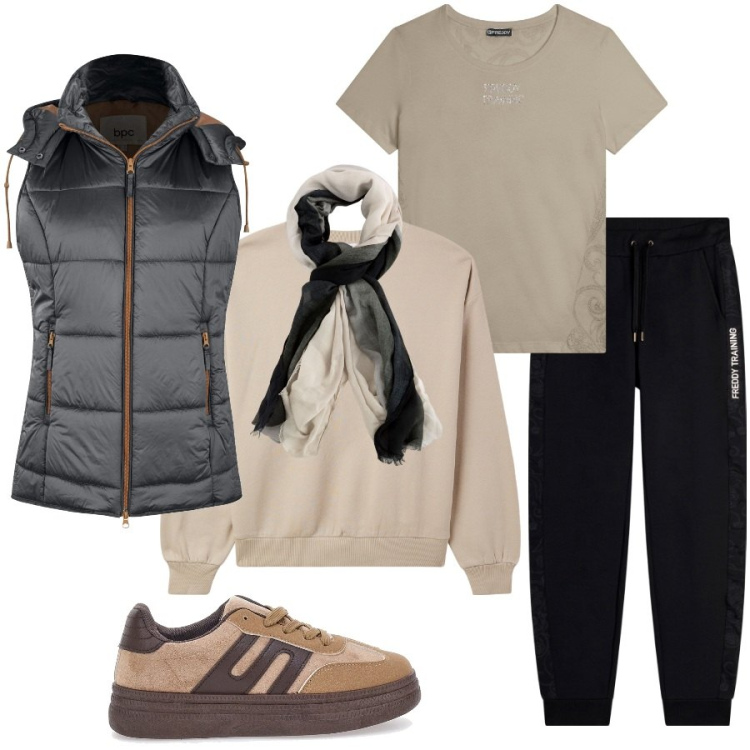 Outfit donna - City. Stile Urban per Tutti i giorni. Abbinamento con gilet, felpe, pantaloni, t-shirt, sneakers, portafogli.