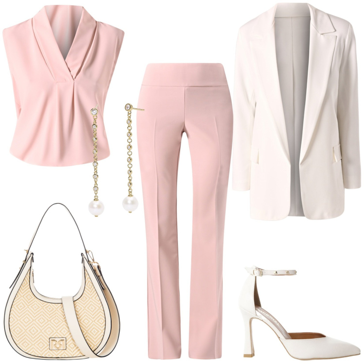 Outfit donna - Pink lady in ufficio. Stile Bon Ton per Ufficio. Abbinamento con pantaloni, borse a mano, bluse, blazer, orecchini, décolleté.