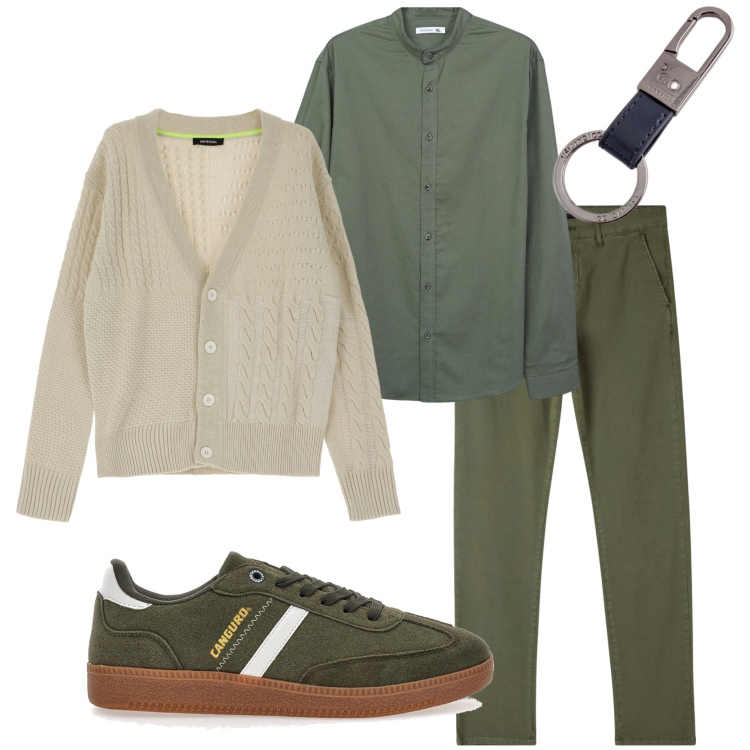 Outfit uomo - Tonalità terrose. Stile Casual per Tutti i giorni. Abbinamento con pantaloni chino, camicie, cardigans, sneakers, portachiavi.