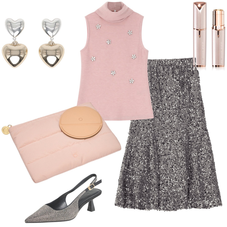 Outfit donna - Brillante aperitivo. Stile Glamour per Serata fuori. Abbinamento con décolleté, orecchini, blush, maglieria, gonne longuette, pochette.