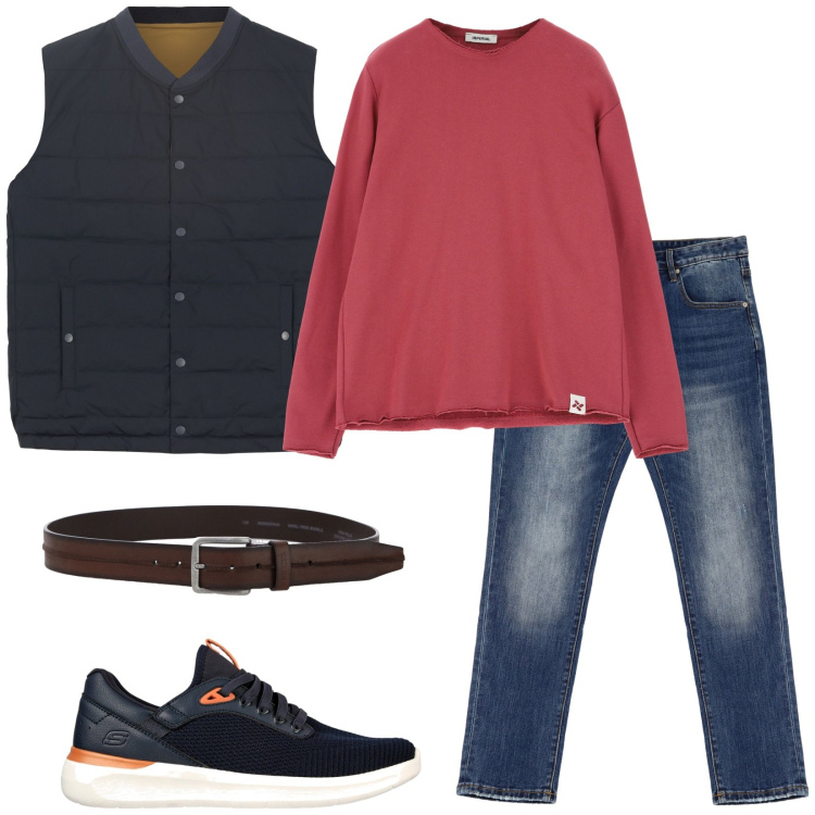 Outfit uomo - Con lo smanicato. Stile Casual per Tutti i giorni. Abbinamento con felpe, cinture, jeans dritti, gilet, sneakers.