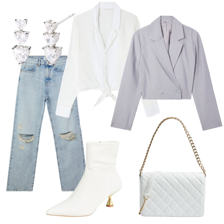 Outfit donna - Il compleanno di un\'amica. Stile Casual chic per Serata fuori. Abbinamento con jeans strappati, blazer, camicie, stivaletti, borse a tracolla, orecchini.