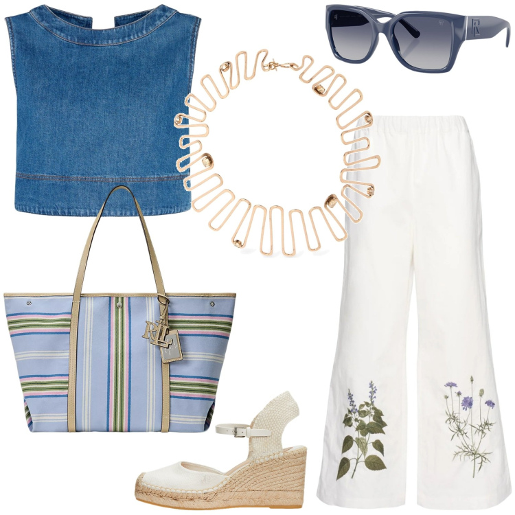 Outfit donna - Una collana di tendenza. Stile Casual per Tutti i giorni. Abbinamento con occhiali da sole, borse tote, espadrillas, pantaloni, top, collane.