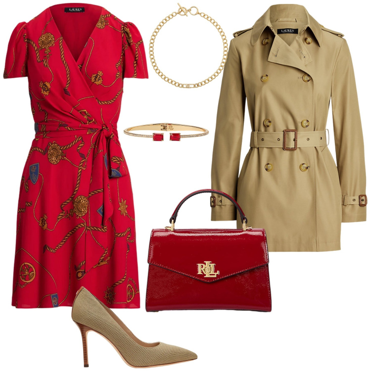 Outfit donna - Riunione di lavoro. Stile Trendy per Ufficio. Abbinamento con trench, borse a mano, collane, braccialetti, vestiti, décolleté.