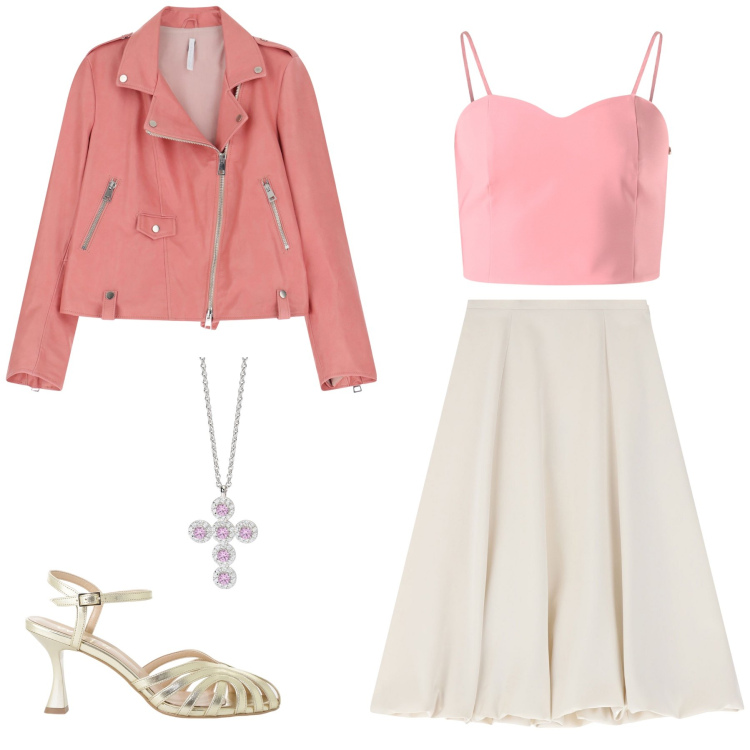 Outfit donna - Grease in pink. Stile Romantica per Serata fuori. Abbinamento con ciondoli, canottiere, giacche, gonne longuette, sandali col tacco.