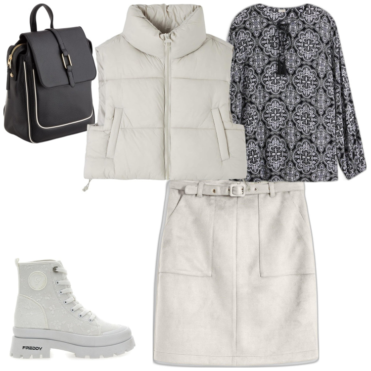 Outfit donna - Aperitivo. Stile Sporty chic per Serata fuori. look ideale per Tall. Abbinamento con bluse, gonne, piumini, stivaletti, zaini.