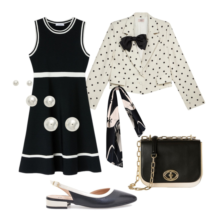 Outfit donna - Serata vintage con le ballerine. Stile Vintage retrò per Serata fuori. Abbinamento con sciarpe, orecchini, ballerine, blazer, borse a tracolla, vestiti senza maniche.