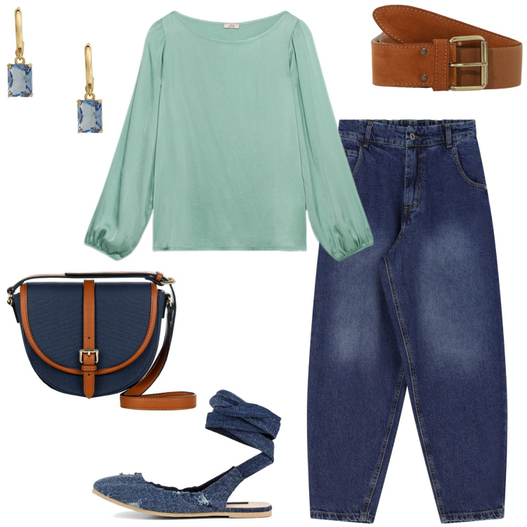 Outfit donna - Freedom. Stile Casual per Tutti i giorni. Abbinamento con borse a tracolla, jeans, cinture, orecchini, ballerine, bluse.