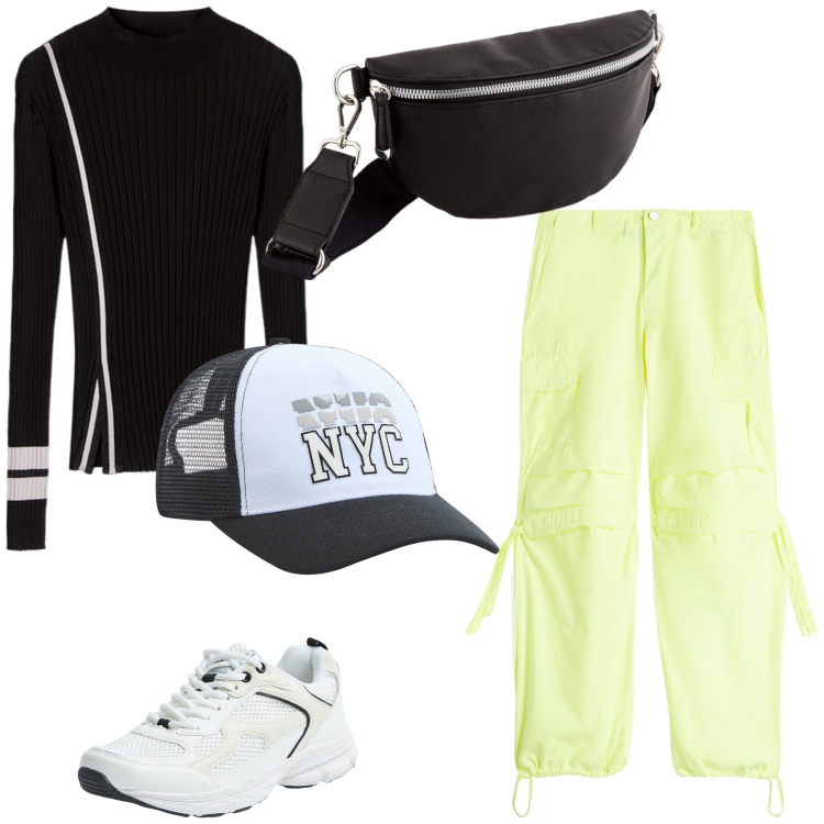 Outfit donna - Il tocco fluo. Stile Sporty chic per Sport. Abbinamento con cappelli, sneakers, pantaloni cargo, maglieria, marsupi.