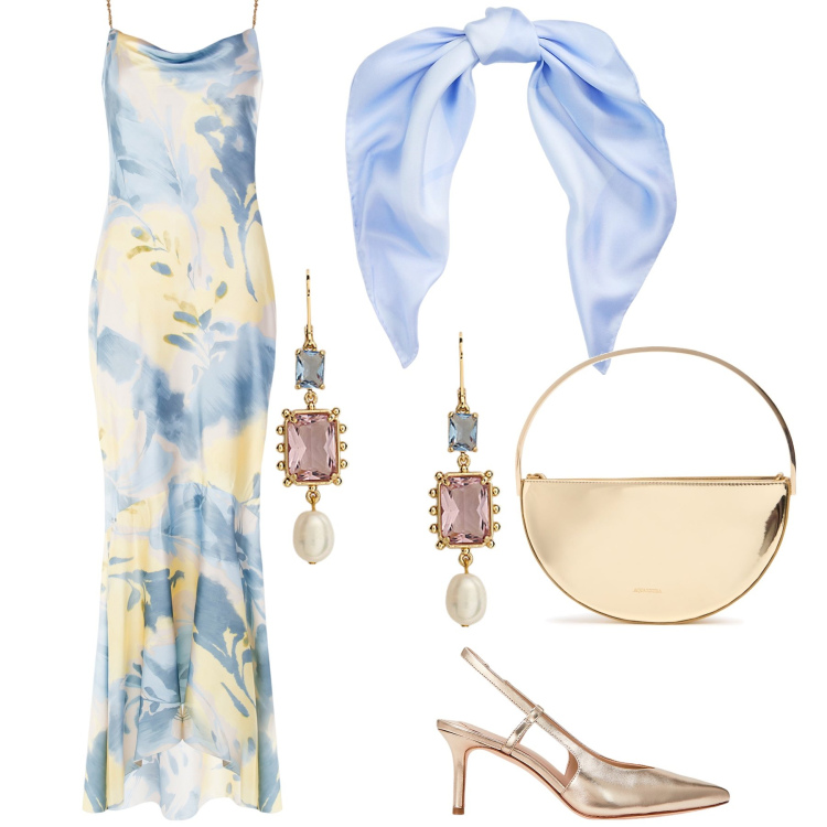 Outfit donna - Una cerimonia decisamente chic. Stile Glamour per Cerimonia. Abbinamento con vestiti lunghi, décolleté, foulard, orecchini, pochette.