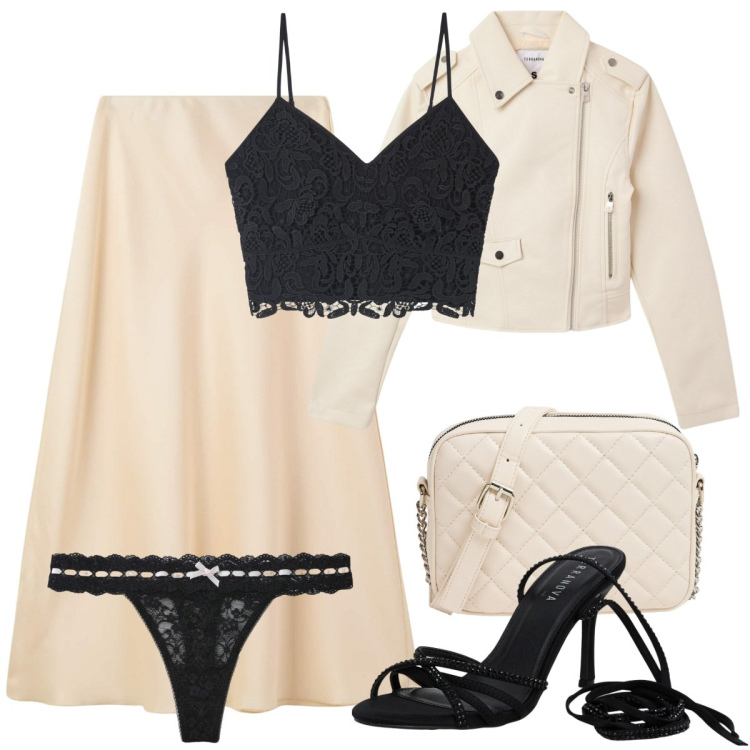 Outfit donna - Aprile Bianco panna. Stile Casual chic per Serata fuori. Abbinamento con top, giacche, gonne lunghe, perizomi, sandali alla schiava, borse a tracolla.
