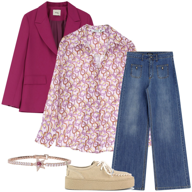 Outfit donna - Romantique. Stile Romantica per Scuola/Università. Abbinamento con braccialetti, camicie, jeans, blazer, mocassini.