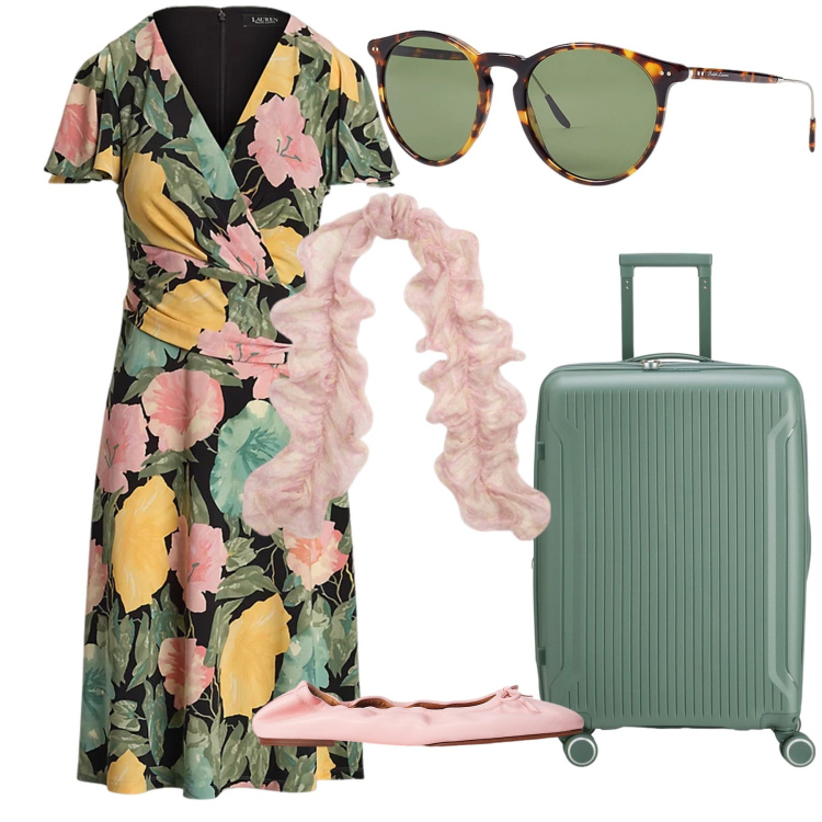 Outfit donna - Meta romantica. Stile Bon Ton per Tutti i giorni. Abbinamento con occhiali da sole, ballerine, vestiti midi/longuette, foulard, valigie.
