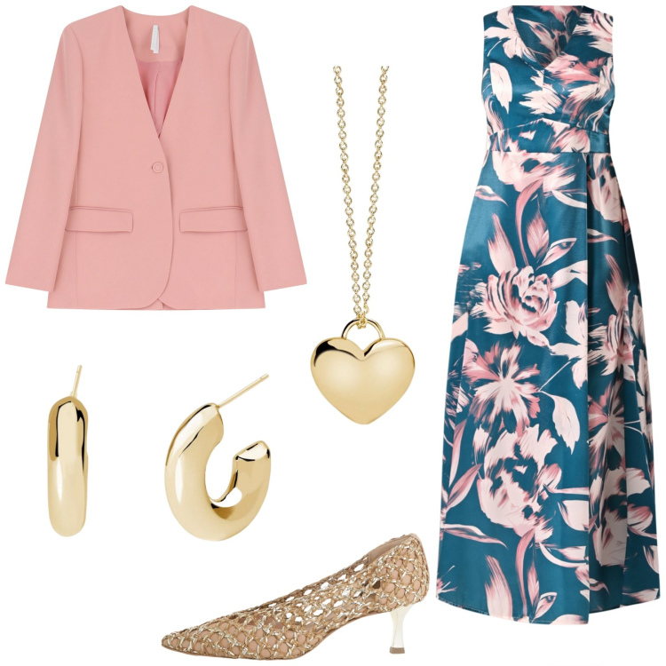 Outfit donna - Abito e blazer. Stile Romantica per Cerimonia. Abbinamento con collane, orecchini, vestiti lunghi, blazer, décolleté.