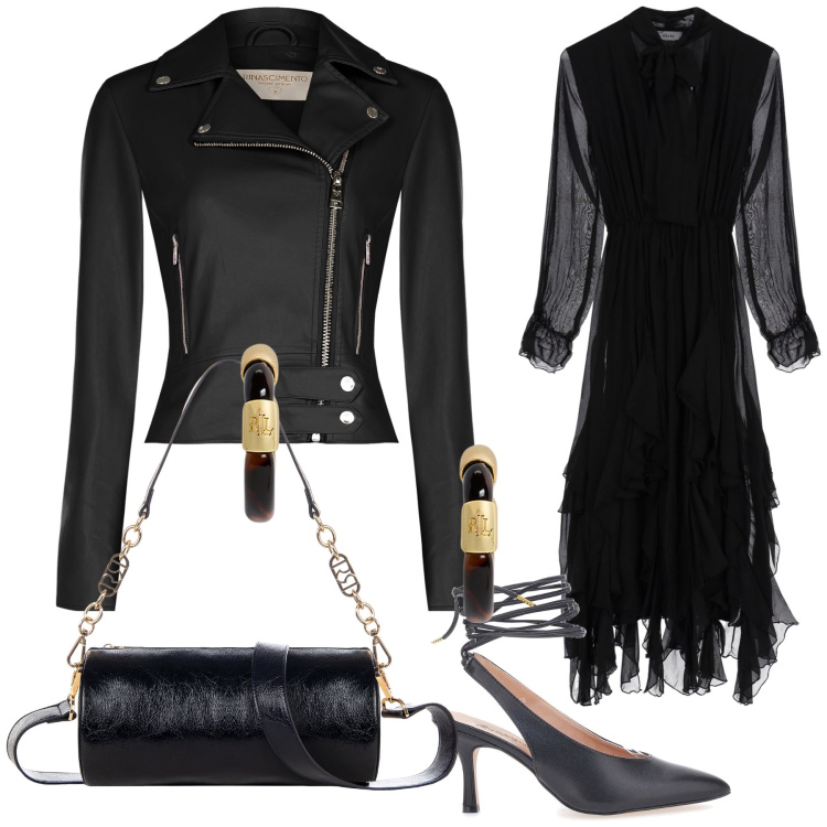 Outfit donna - Chic black. Stile Glamour per Serata fuori. Abbinamento con giacche, borse a mano, vestiti lunghi, orecchini, décolleté.