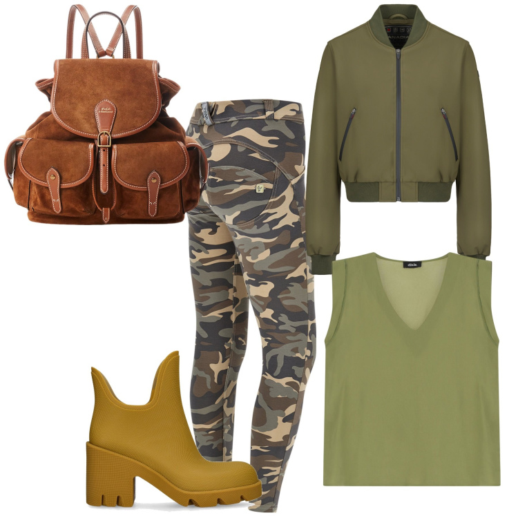 Outfit donna - Total look. Stile Military per Tutti i giorni. Abbinamento con pantaloni skinny, top, zaini, bomber, stivaletti.