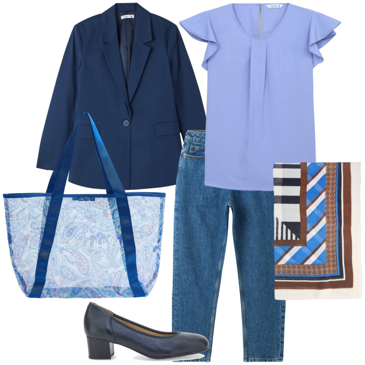 Outfit donna - Total look. Stile Urban per Tutti i giorni. Abbinamento con jeans mom, bluse, blazer, shopping bag, foulard, décolleté.