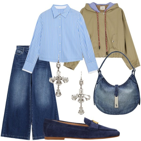 Outfit donna - Aspettando la primavera. Stile Trendy per Tutti i giorni. Abbinamento con jeans, parka, borse a spalla, mocassini, orecchini, camicie.