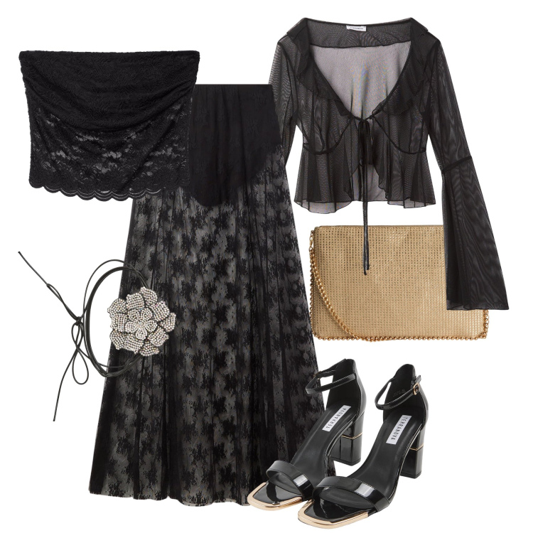 Outfit donna - Pizzo e trasparenze in nero. Stile Chic per Serata fuori. Abbinamento con bolero, sabot, borse a tracolla, gonne lunghe, collane, top.