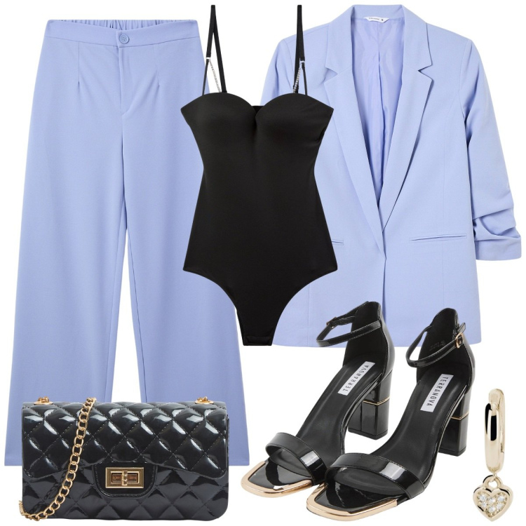 Outfit donna - Carta da zucchero April. Stile Glamour per Serata fuori. Abbinamento con body, sabot, borse a tracolla, pantaloni, blazer, orecchini.