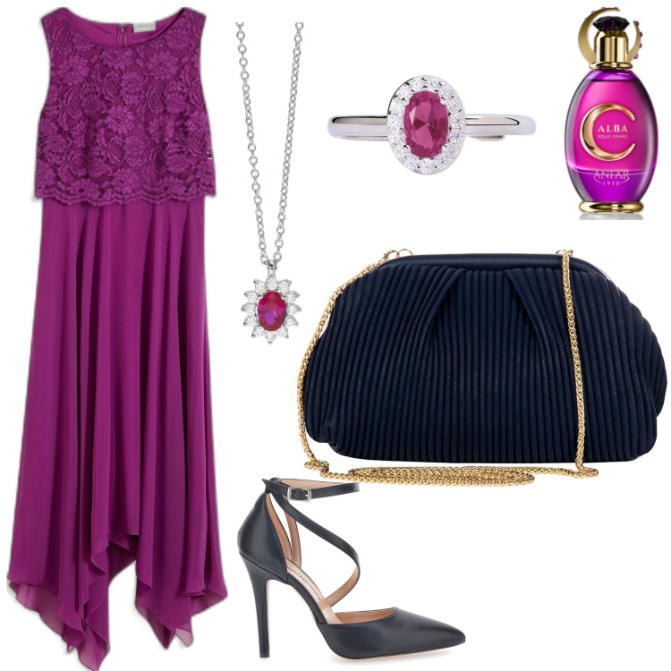 Outfit donna - Vestito longuette. Stile Chic per Cerimonia. Abbinamento con vestiti midi/longuette, profumi, collane, anelli, pochette, décolleté.