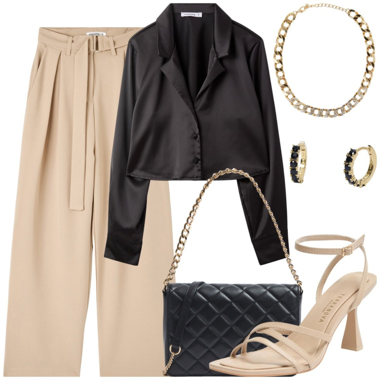 Outfit donna - Sabbia. Stile Casual chic per Serata fuori. Abbinamento con camicie, collane, sandali col tacco, pantaloni, borse a tracolla, orecchini.