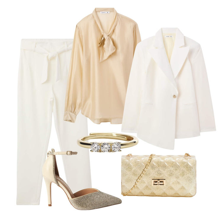 Outfit donna - Cerimonia bianco & oro. Stile Chic per Cerimonia. Abbinamento con blazer, pantaloni chino, bluse, décolleté, borse a tracolla, anelli.