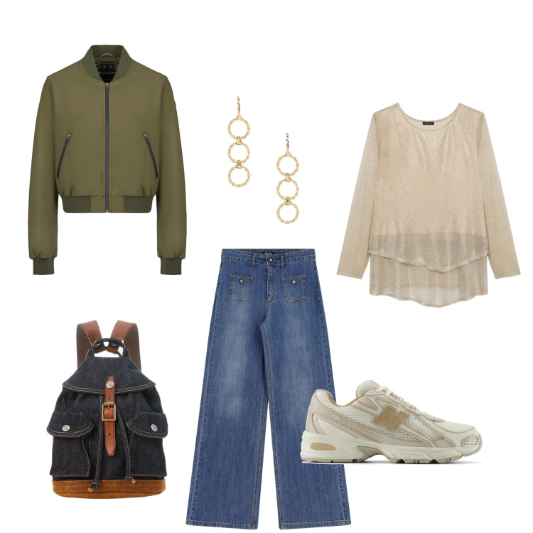 Outfit donna - Per le strade di Lisbona. Stile Casual per Tutti i giorni. Abbinamento con sneakers, jeans, zaini, orecchini, bomber, t-shirt.